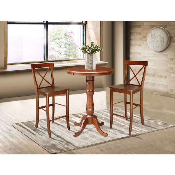 International Concepts Round 30 in Rd Pedestals Bar Height Table, 2 Bar Height Stools, Espresso, 30 in W, 30 in L, Wood K581-30RT-6B-S6133-2 - main